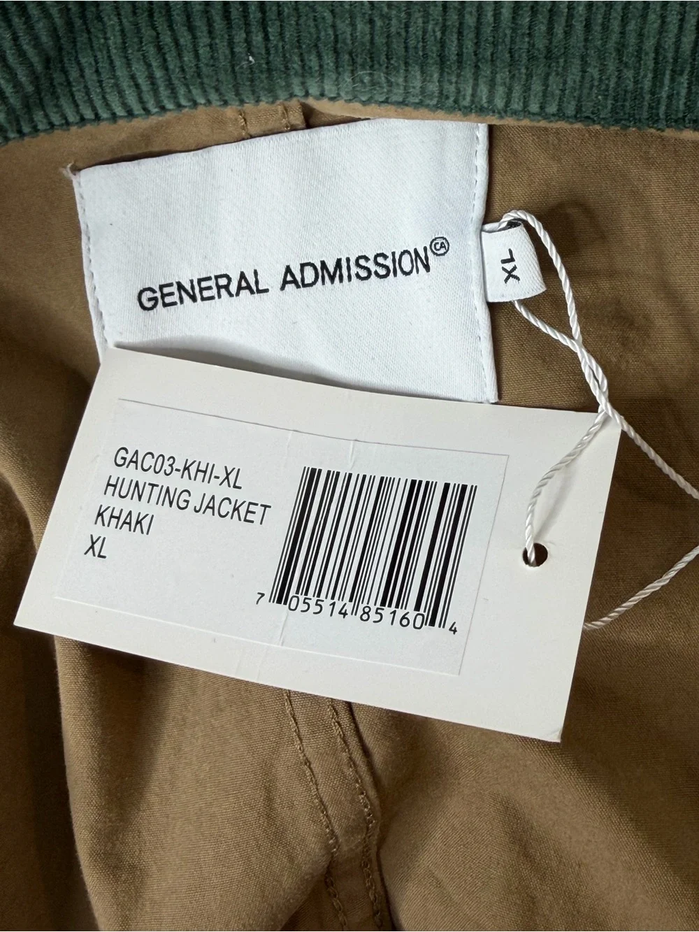 General Admission Hunting Jacket Khaki Size XL NWT